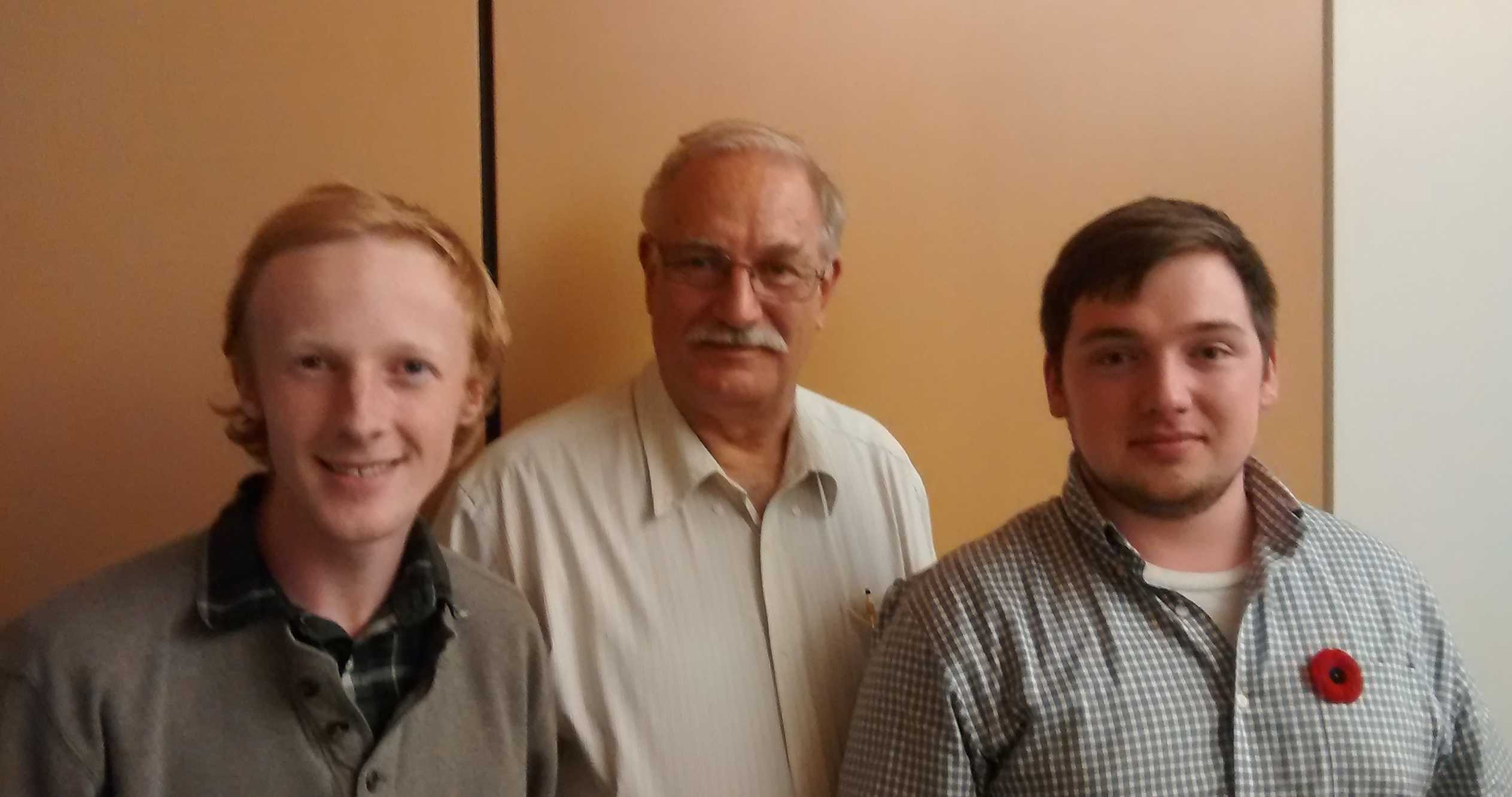 UVic students Matthew Griffiths (L), BCGS Scholarship recipient, and Collin Paul (R), KEGS Pioneers Scholarship recipient, at Nov 3 Special Lecture event with presenter and Foundation Director Peter Kowalczyk.