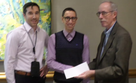 CGS scholarship presented to Benjamin Friedman, UBC (centre) by Adam Shales (L) and Jerry Roth (R).