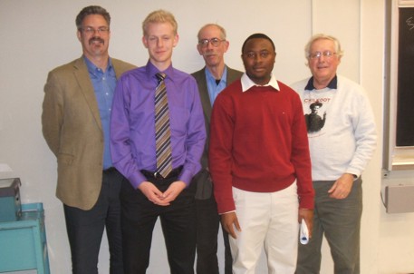 UWO scholarship recipients Adrian Smith & Innocent Ezenwa received awards and congratulations from Foundation Directors Reford, Roth & Reed at December 7th KEGS/UofT meeting