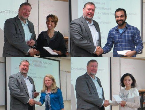 (Clockwise from top left): Peter Annan presents book awards to Hadis Samadi Alinia, PhD candidate; Behzad Hassani, PhD candidate; Luqi Cui, MSc student; and the GSC Pioneers Scholarship to Yelena Kropivnitskaya, PhD candidate.